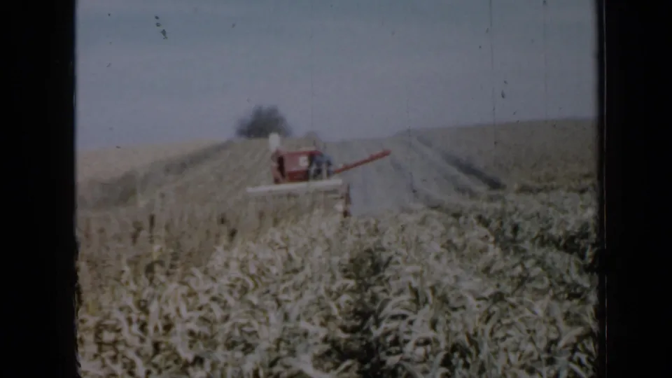 Soft 8mm frame of a red combine harvesting a Minnesota field, with a small possible operator figure not clearly identifiable.