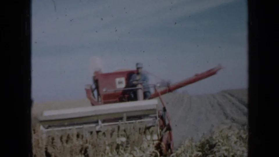 1958 Minnesota home-movie frame of a red combine harvester cutting through crops with a farmer visible at the controls.