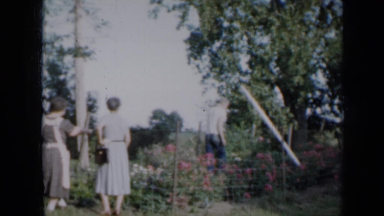 Two women stand near a flower garden while a man works partly obscured behind foliage.