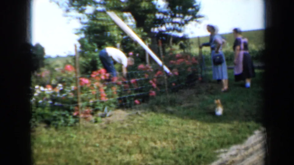 1958 Minnesota home-movie frame with a man tending flowers as three women observe from the grass beside a rural garden.