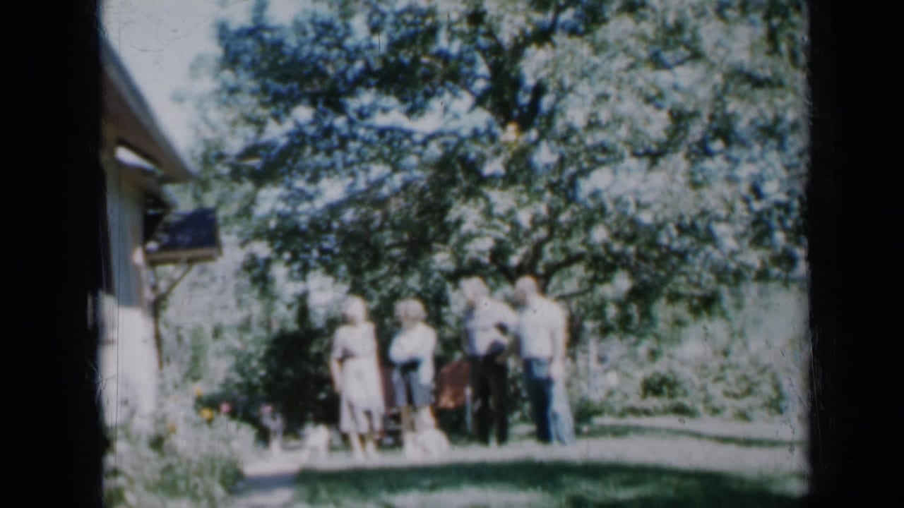 Minnesota 1958 home-movie frame showing several adults posed in a sunny backyard beneath a large tree near a house.
