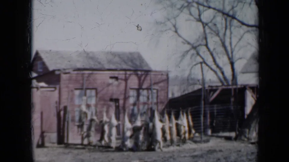 1958 Minnesota 8mm frame showing dressed pigs hanging outside a red barn, with bare trees and a dark farm outbuilding nearby.