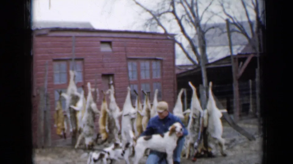 A blue-jacketed man pets a hunting dog as puppies stand nearby, with skinned carcasses hanging outside a red rural building.