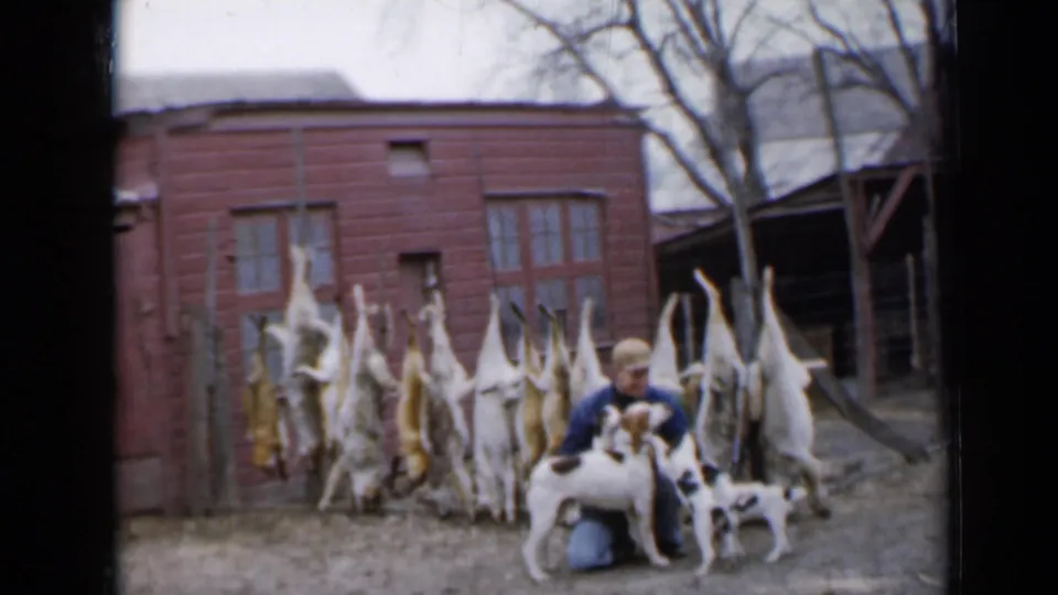 1958 Minnesota 8mm frame showing a hunter kneeling with dogs before hanging harvested game near a red outbuilding.