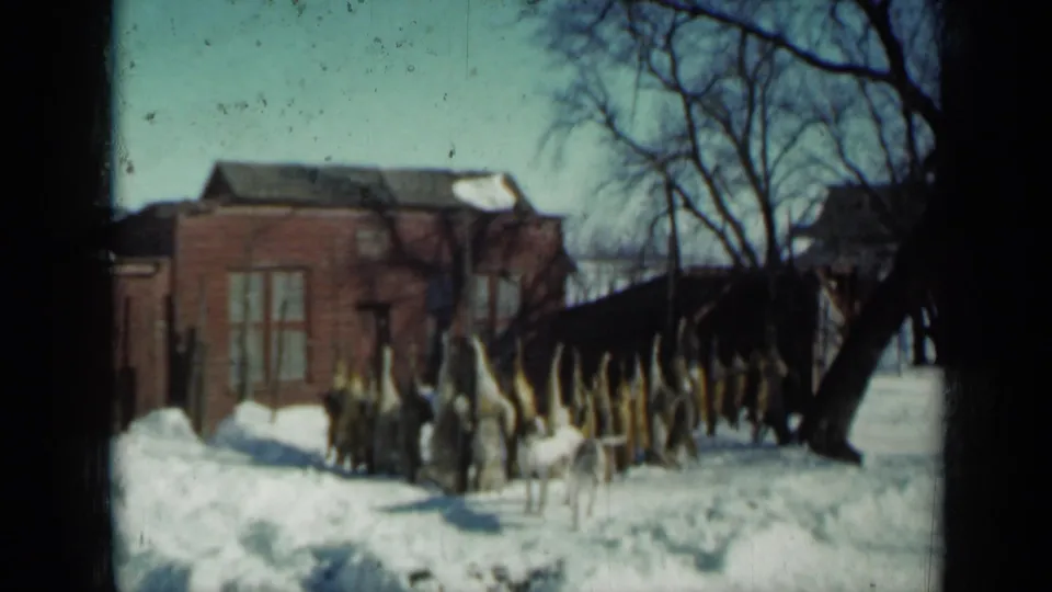 1958 Minnesota home-movie frame showing a snowy outdoor scene with hanging game on a rack near a brick building and leafless trees.