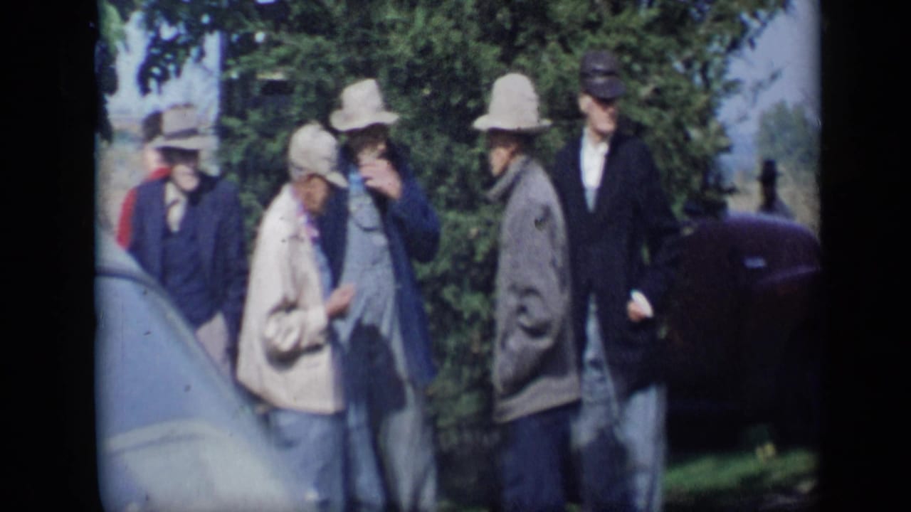 Adults in coats and hats stand near greenery and parked cars outdoors.
