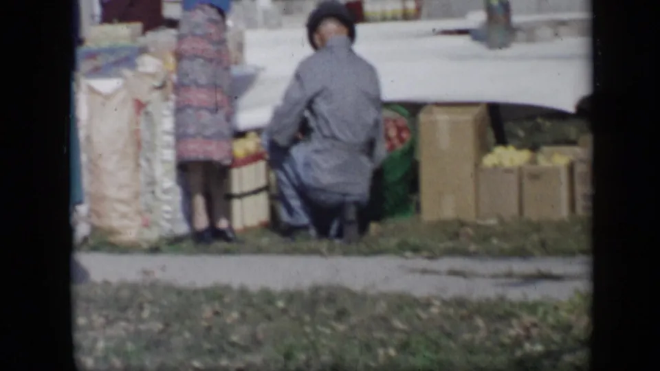 Adults tend boxes and produce beside a white-covered yard sale table in Aledo, Texas, according to the clip metadata.
