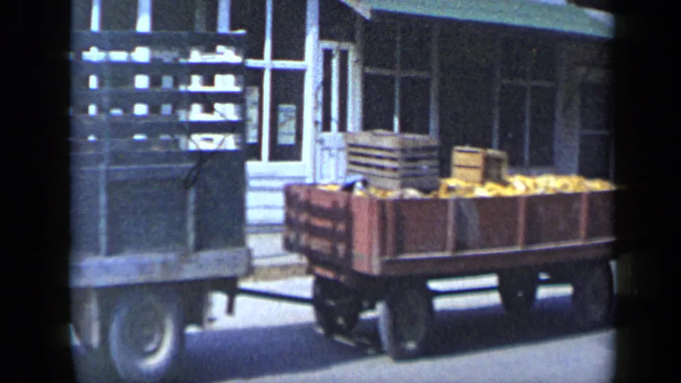 Aledo, Texas 1959 footage shows a wooden wagon loaded with crates and produce moving past storefront windows.