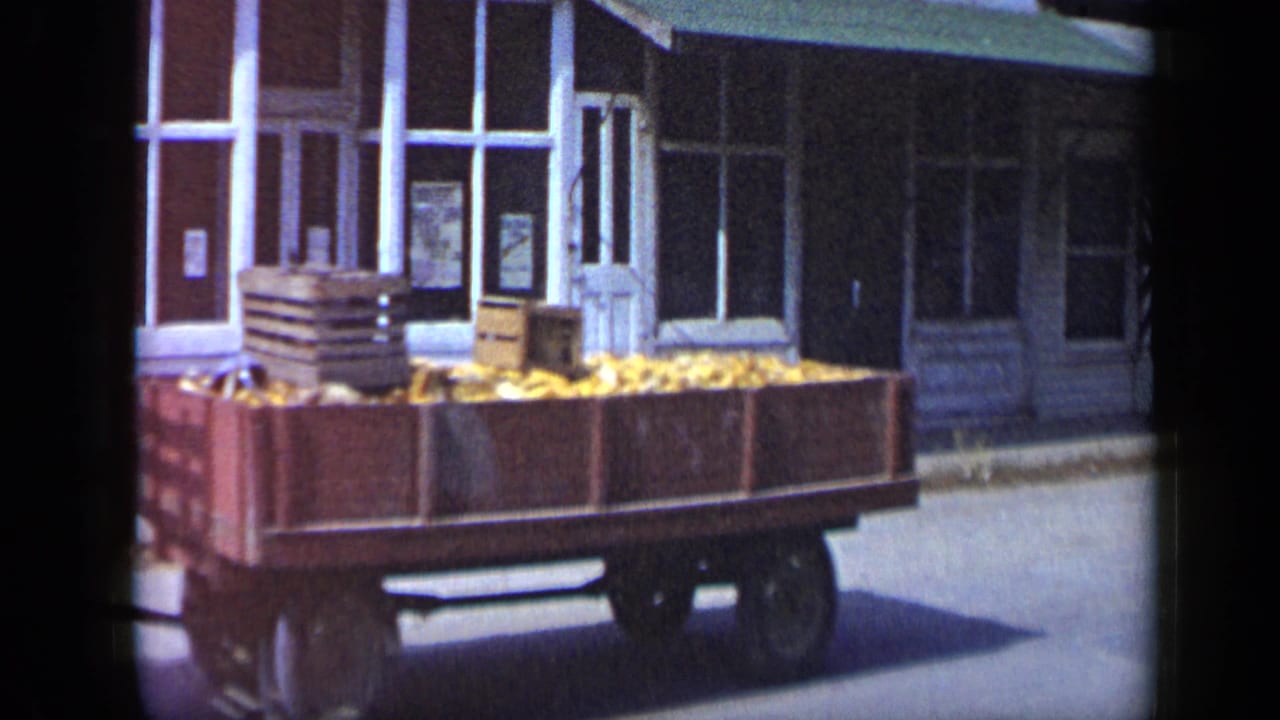 A wooden wagon with crates and produce appears on a quiet Aledo storefront street in the 1959 home-movie clip.