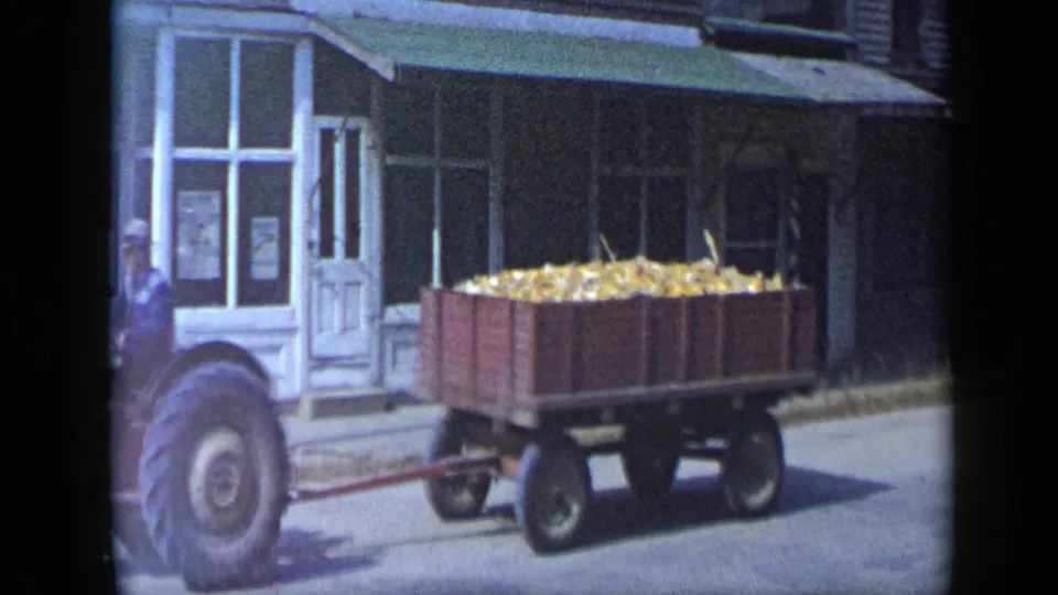The corn-filled wagon trails behind the tractor as it moves through the supported Aledo, Texas street scene.