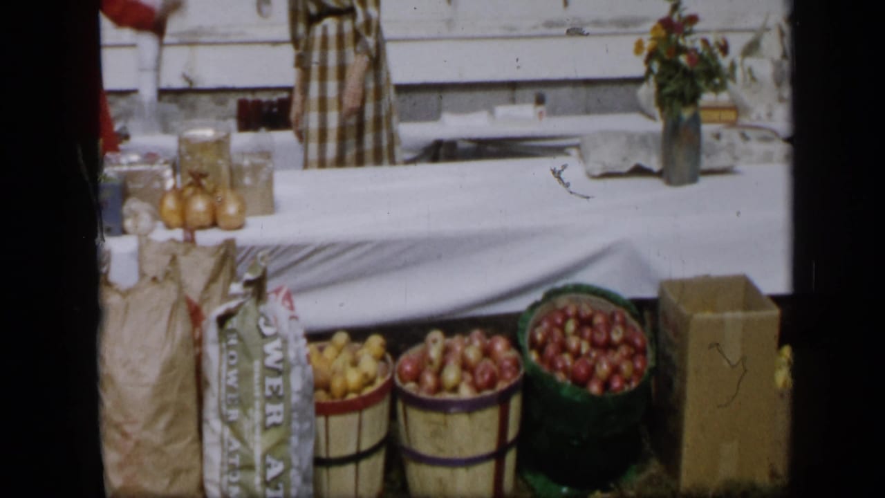 Aledo, Texas 1959 market table with baskets of red produce, yellow potatoes, onions, and a partly visible woman in a plaid dress.