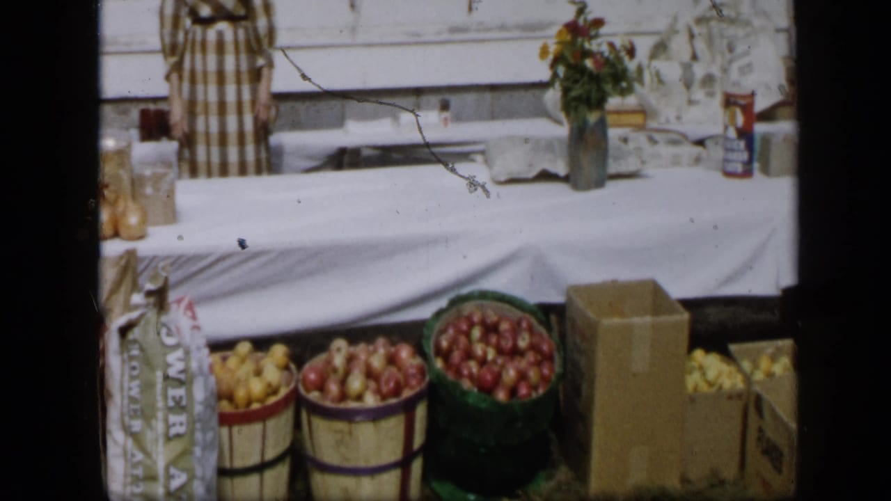 Aledo, Texas 1959 rural market display with baskets of produce, a cardboard box, flowers, and a partly visible woman behind the table.