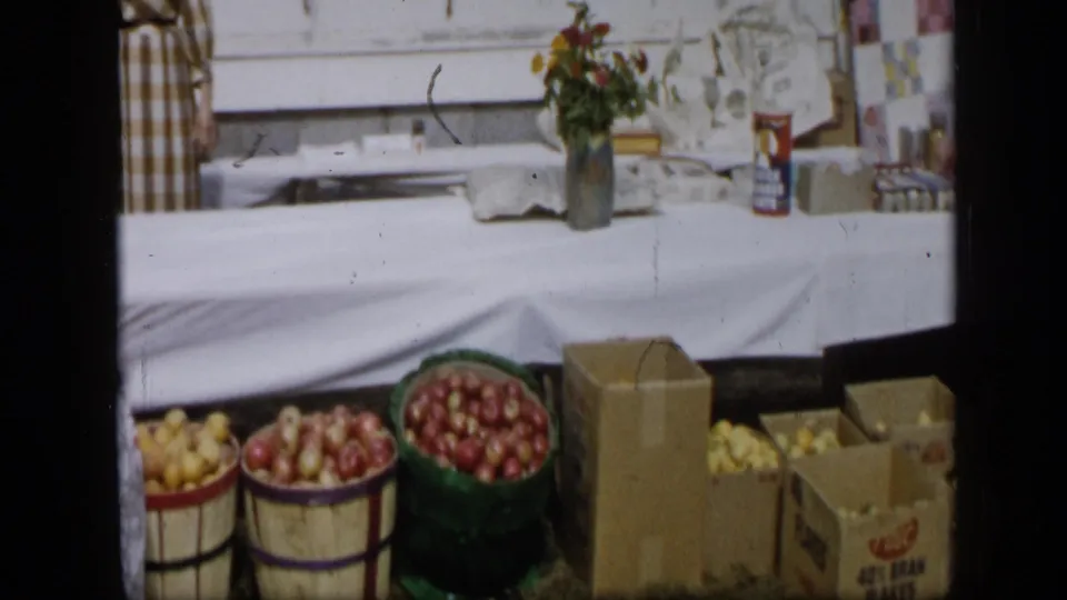 Aledo, Texas 1959 market table showing red produce, yellow potatoes, open cardboard boxes, flowers, and packaged goods.