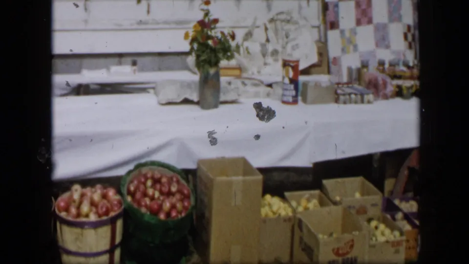 Aledo, Texas 1959 produce display with baskets of red fruit or vegetables, open cardboard boxes, flowers, and visible packaging.