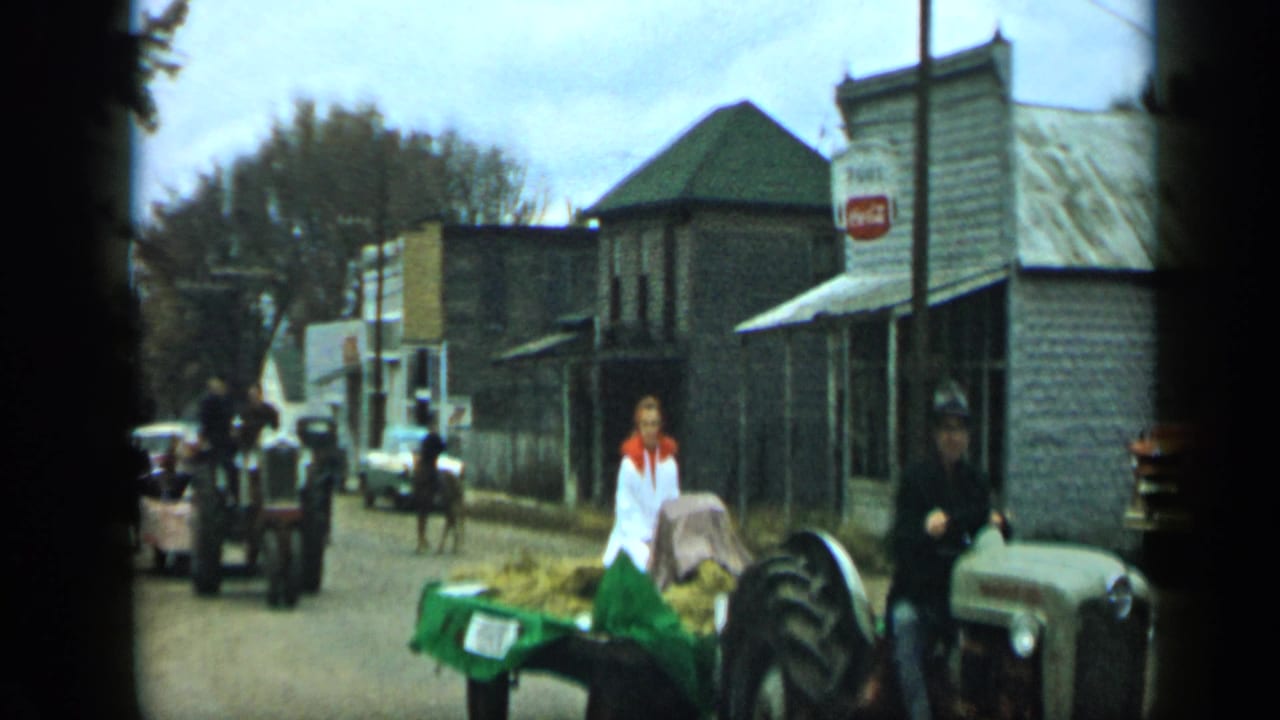 Woman beside a hay trailer as tractors, pedestrians, a horse, cars, and storefronts appear along the street.