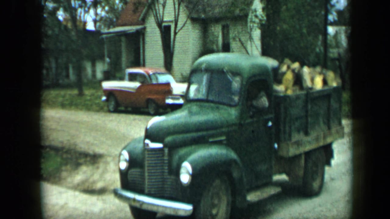 Green flatbed truck loaded with cut firewood drives past houses and parked cars.