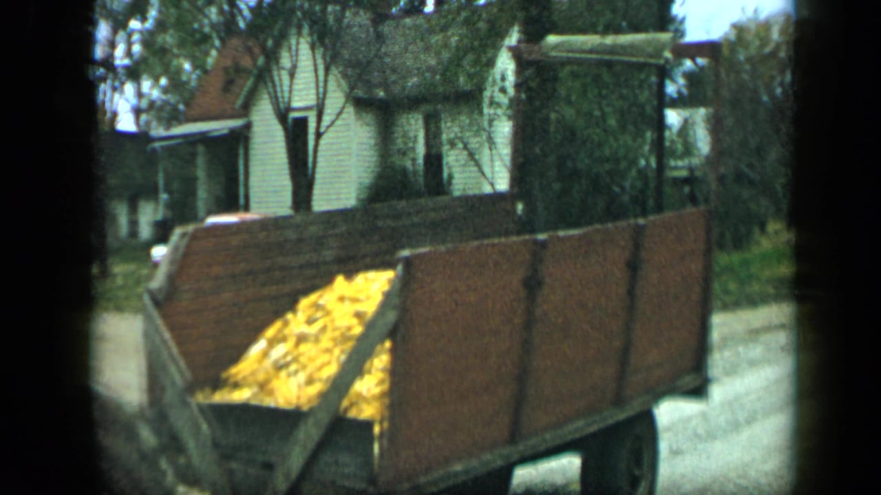 Wooden trailer filled with yellow produce beside a white house on a tree-lined street.