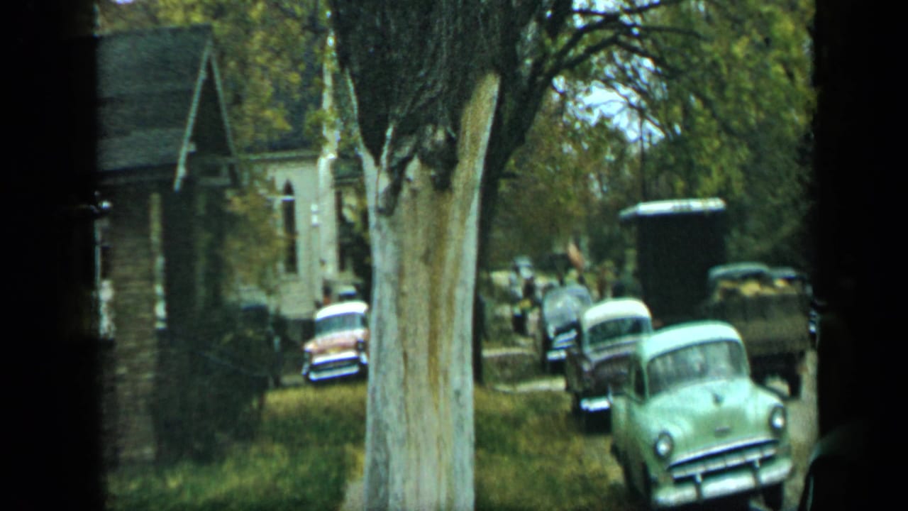 Vintage cars parked along a grassy roadside near trees and houses.