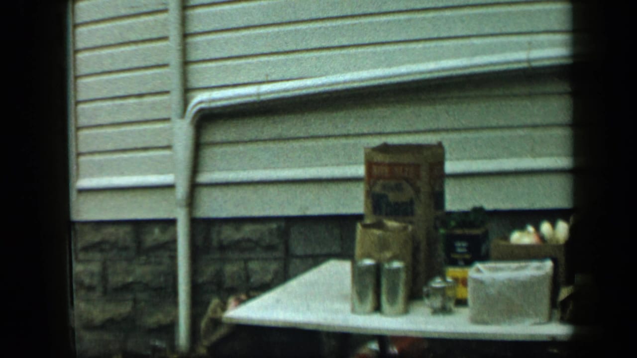 Outdoor table with grocery boxes, cans, eggs, and jars against house siding.