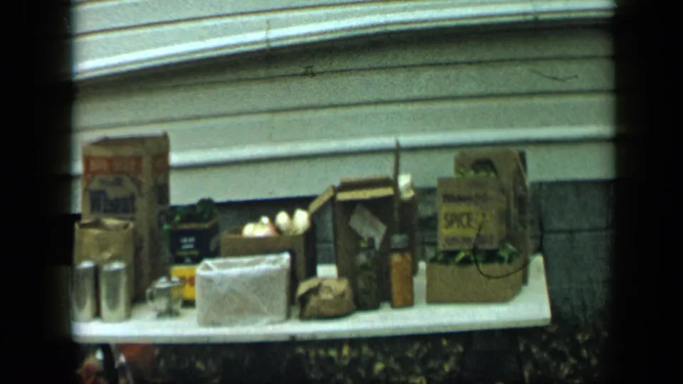 1959 Aledo, Texas frame with the tabletop goods cropped closer, including flour packaging, onions, bags, a wrapped package, and small cans.
