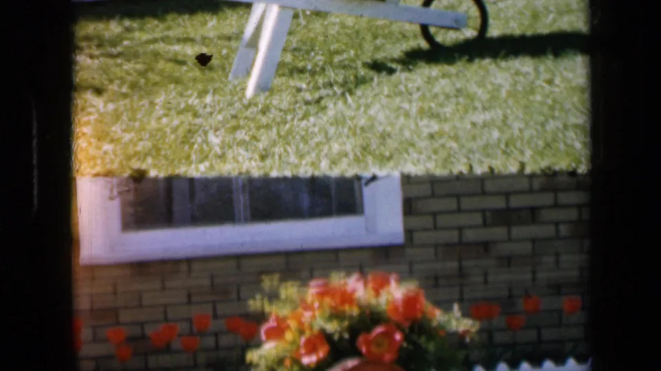1959 Iowa 8mm frame fragment showing the lower part of the wheelbarrow planter, lawn, brick house wall, and window trim.
