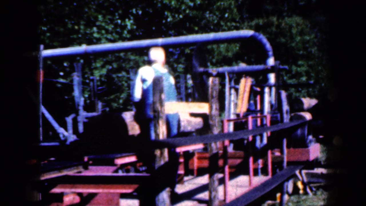 Man in cap and overalls standing beside outdoor lumber machinery and planks.