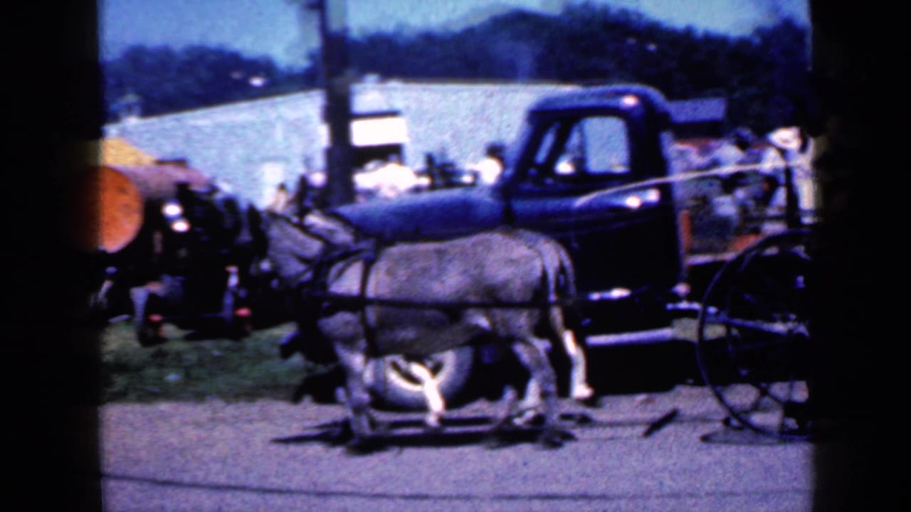 Two mules pull a wooden cart near a blue pickup truck at a fairground.