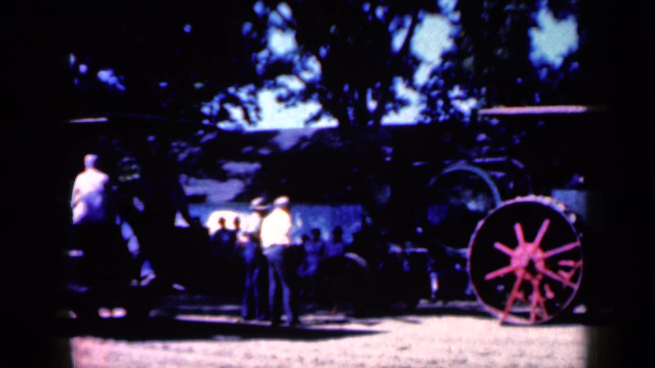 Men and onlookers stand under trees near a red-spoked steam tractor.