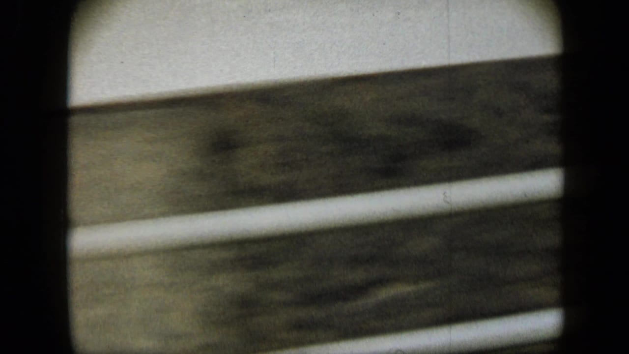 Soft, grainy 1959 Venezuela road-trip frame showing a close roadside barrier through a moving vehicle window.