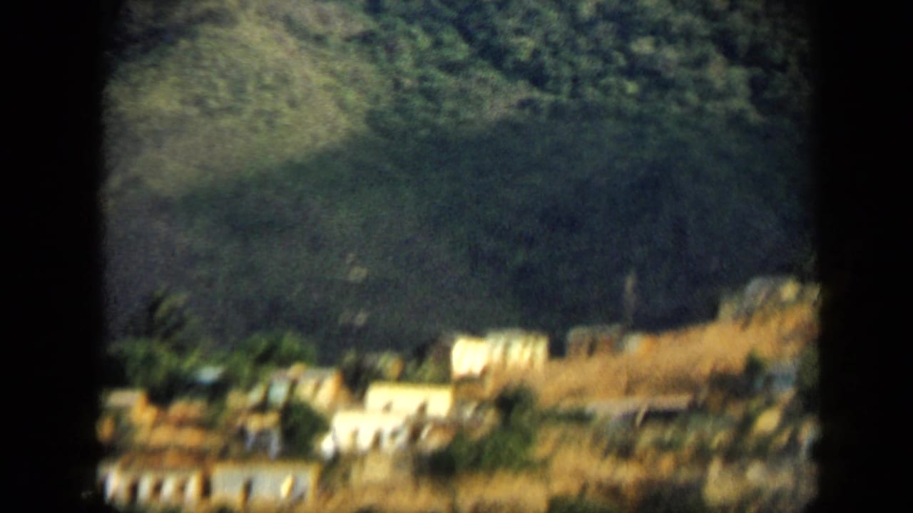 Blurred hillside settlement at the edge of a forested mountain.