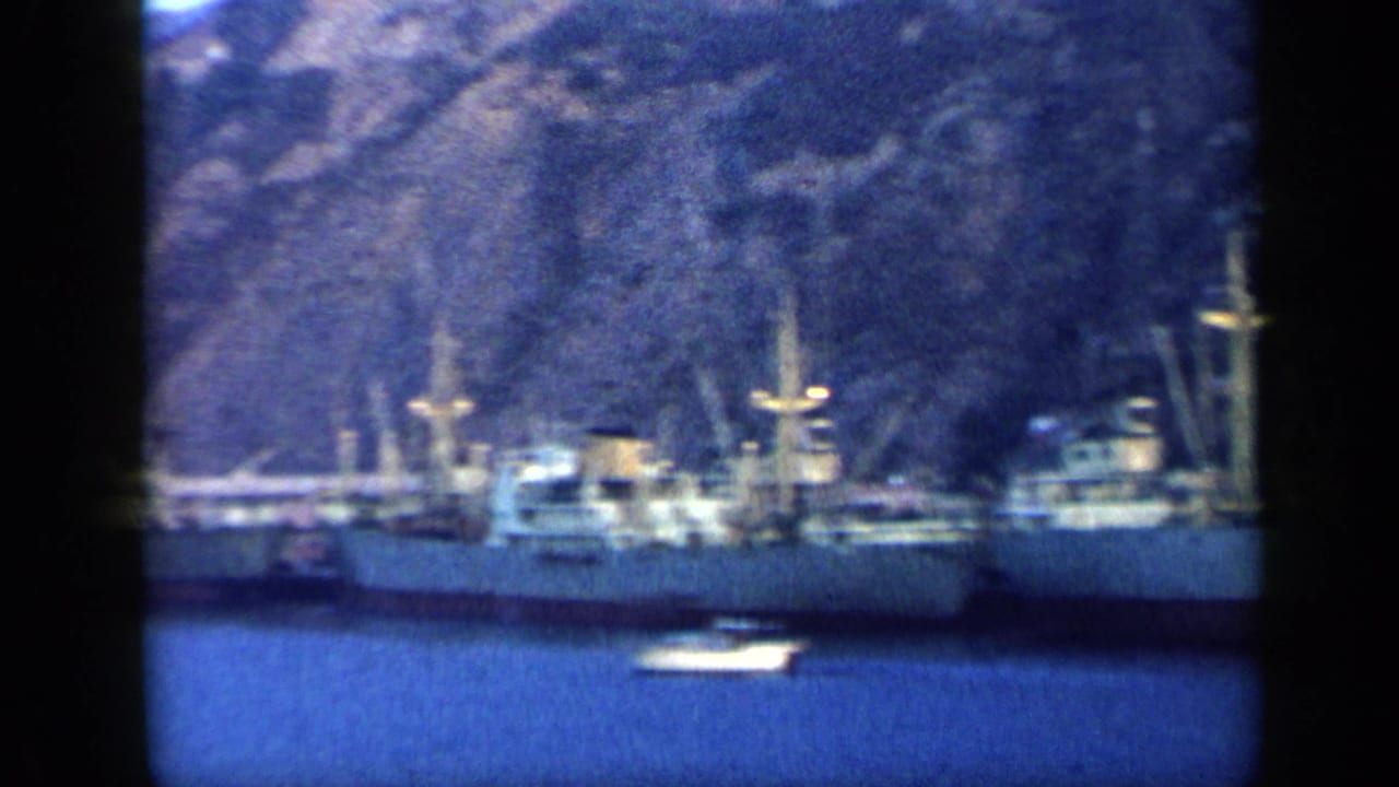 Moored ship and small boat on harbor water near a steep hillside.