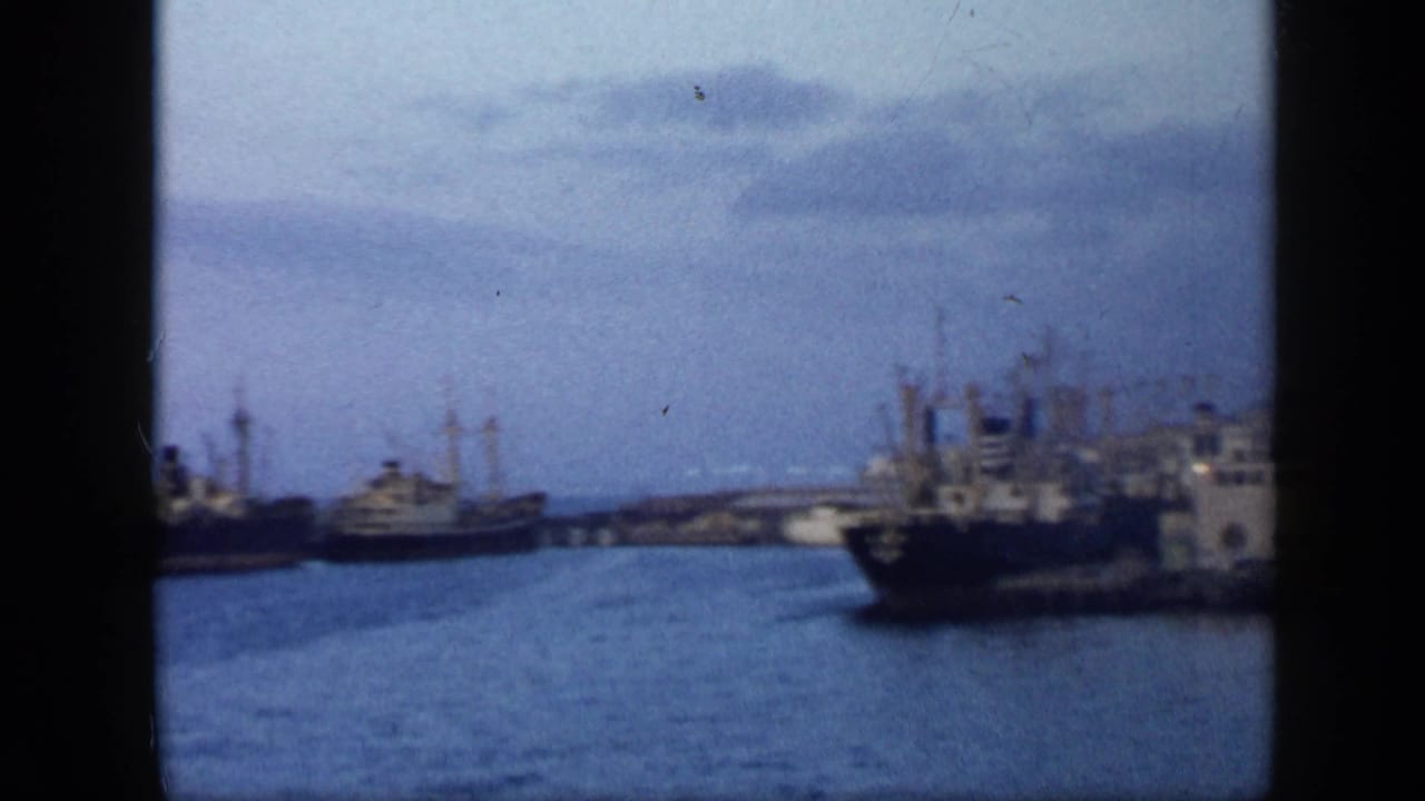 Docked cargo ships and waterfront structures beside a harbor under a hazy sky.