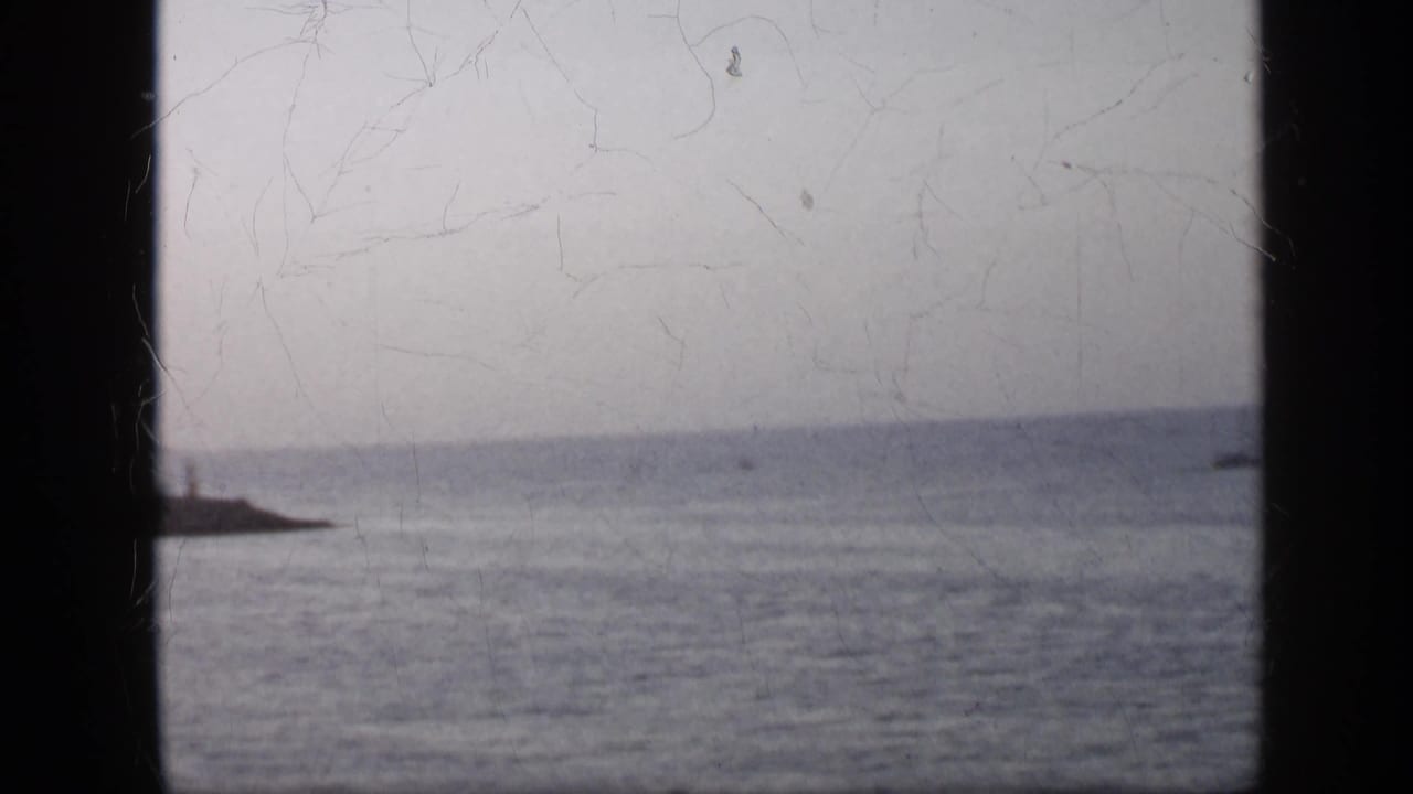 Pale cloudy seascape with distant land and a dark vertical divider in the foreground.