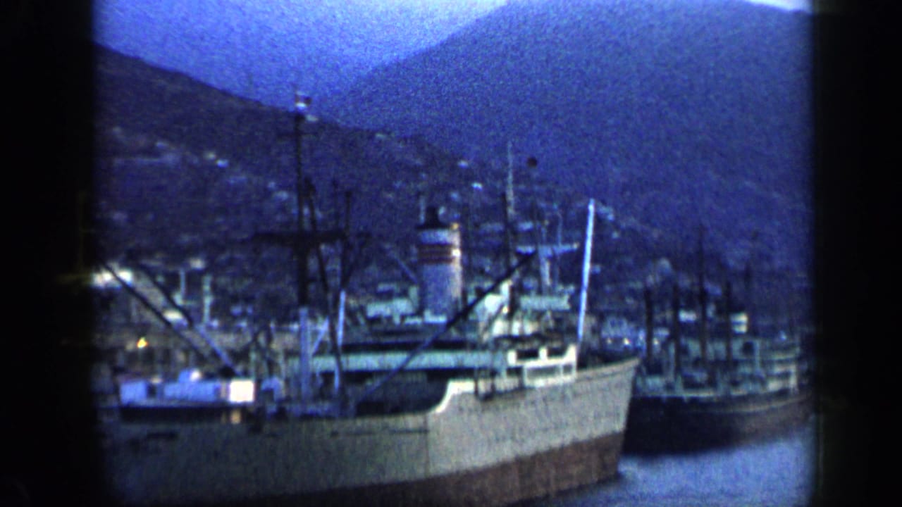 Harbor vessels and masts with a hillside city in the background.