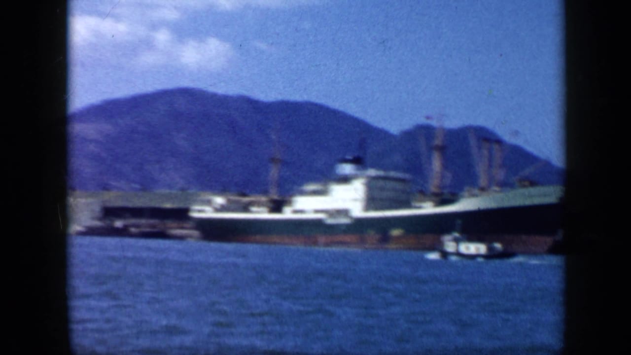 Cargo ship on harbor water with a small tugboat and mountains behind it.