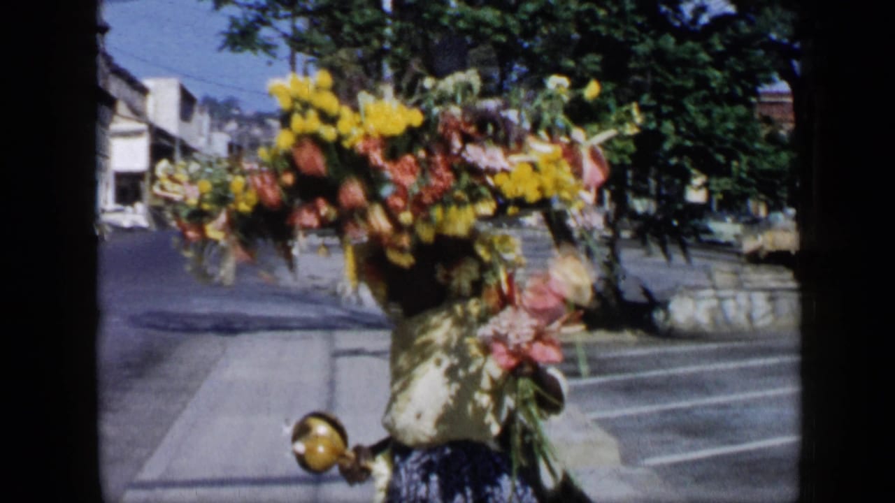 Woman with flowers on her head is seen closer to the camera beside the street.
