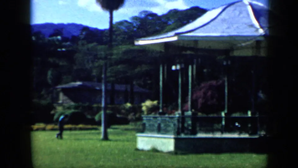 A 1959 Venezuela park view shows a classic gazebo set in green lawn with trees, flowers, hills, and a tall palm trunk in the background.