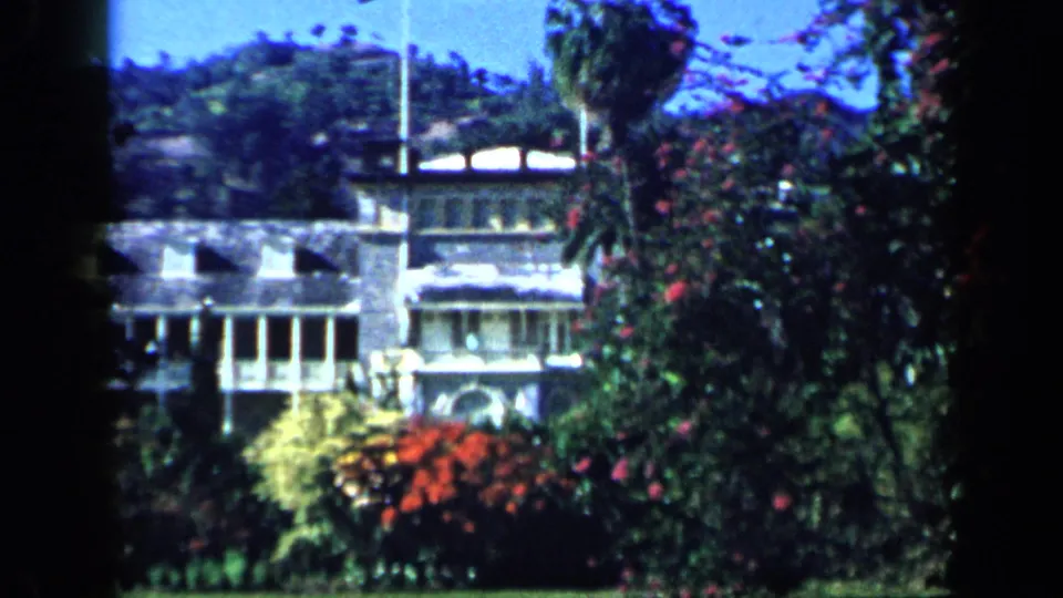 1959 Venezuela home-movie view of a large mansion behind dense tropical garden shrubs and flowering plants.
