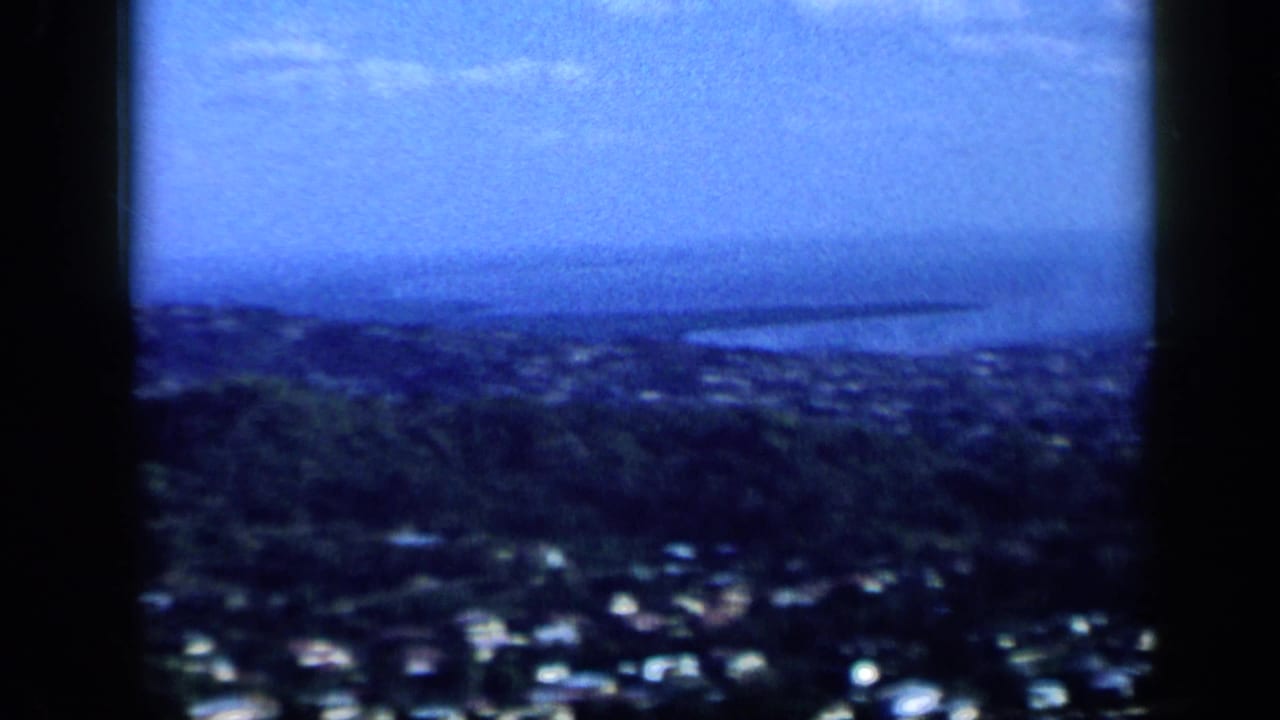 Aerial view over wooded hills and coastal water with town structures below.
