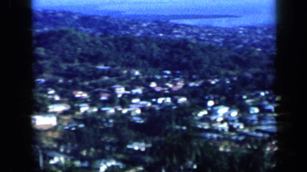 Blue-tinted 1959 Venezuela aerial frame showing houses and vegetation with the sea visible beyond the town.