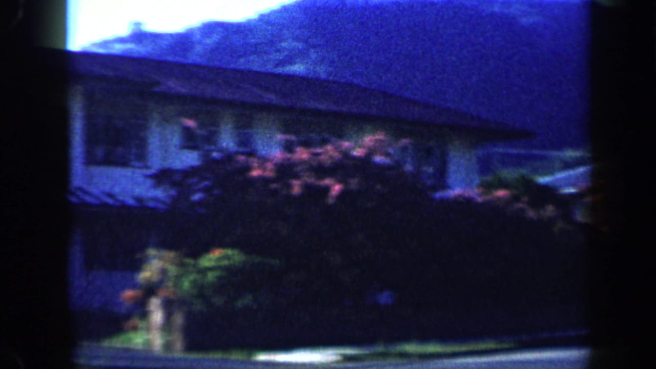 1959 Venezuela 8mm frame showing a house exterior, garden shrubs, and hillside backdrop in soft saturated home-movie color.