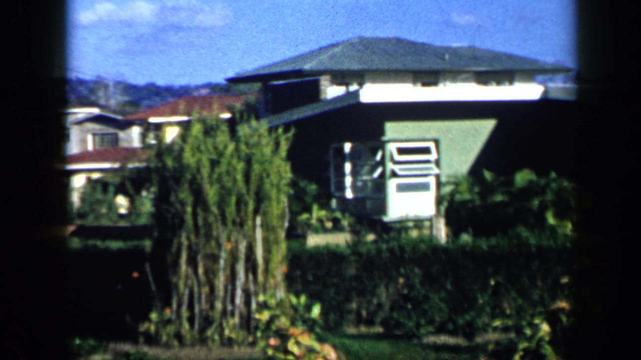 1959 Venezuela 8mm frame showing a green house beyond hedges, with neighboring residences, tropical vegetation, and a bright sky.