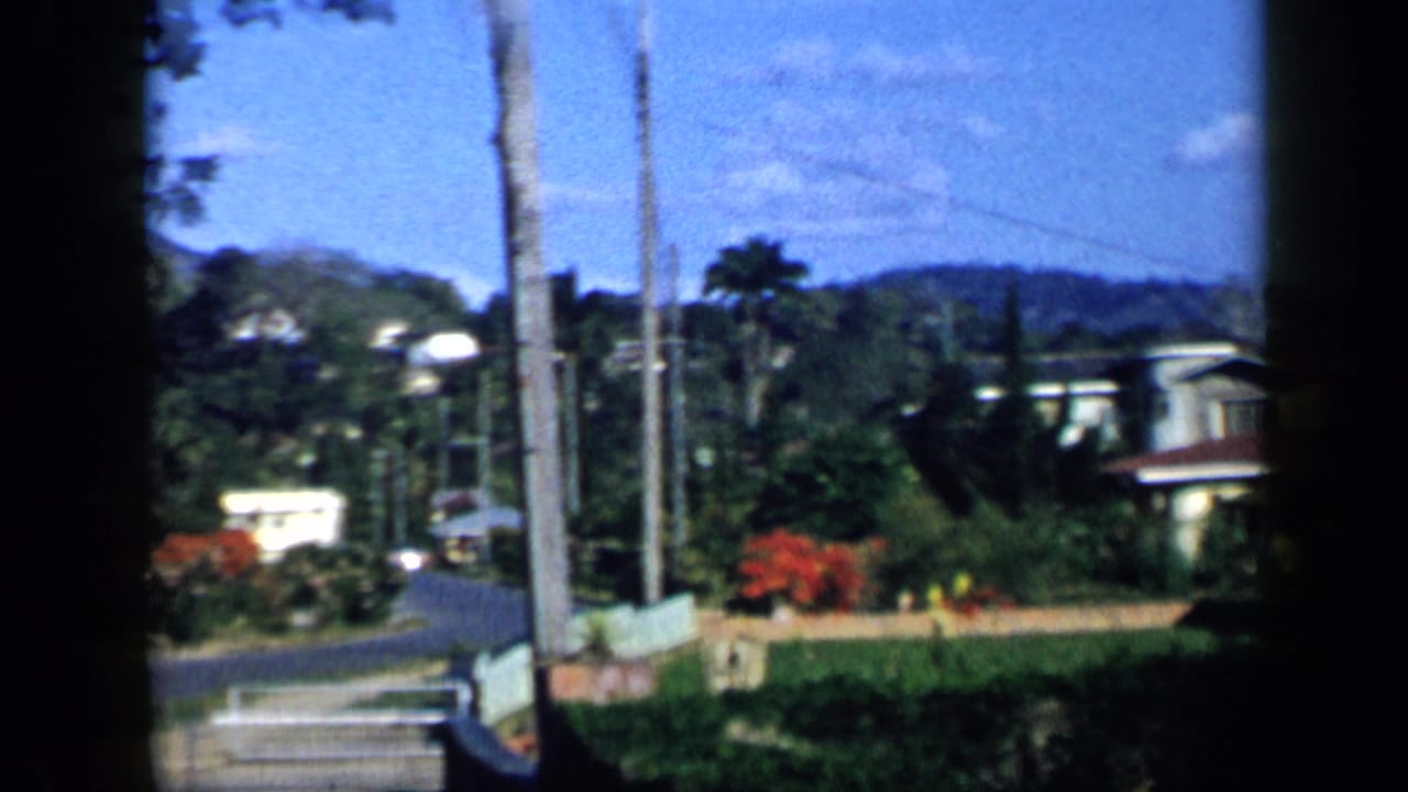 1959 Venezuela 8mm frame showing a residential street area with palm trunks, garden walls, houses, utility lines, and distant hills.