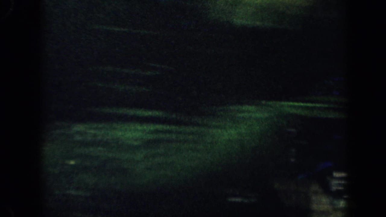 1959 Venezuela 8mm frame with a shadowed lawn, garden planting, and the edge of a house during a drive-by.