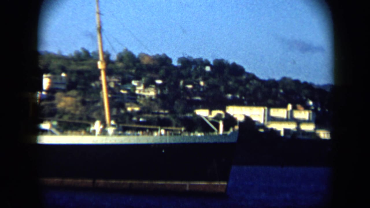 Hillside buildings and waterfront structures with a tall mast near the harbor.