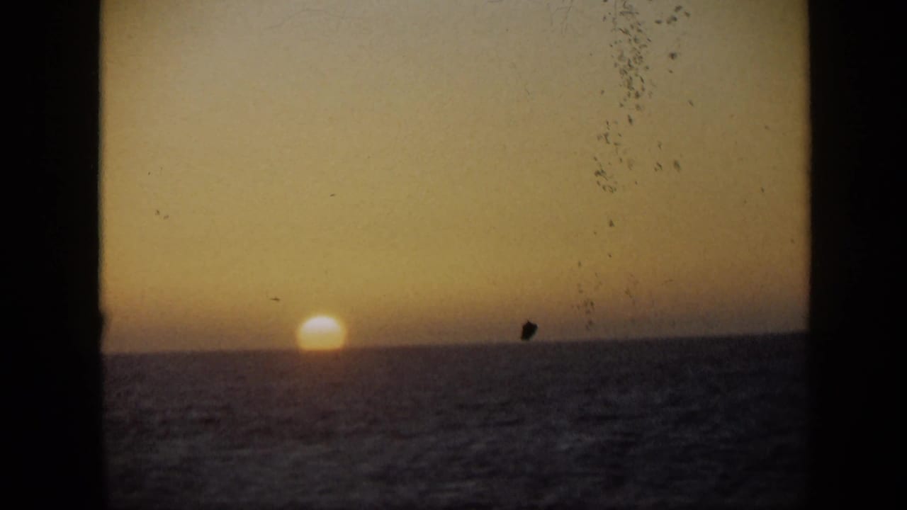 1959 Venezuela 8mm still showing the sun at the waterline, with grain, dust, and dark frame edges from the original film.