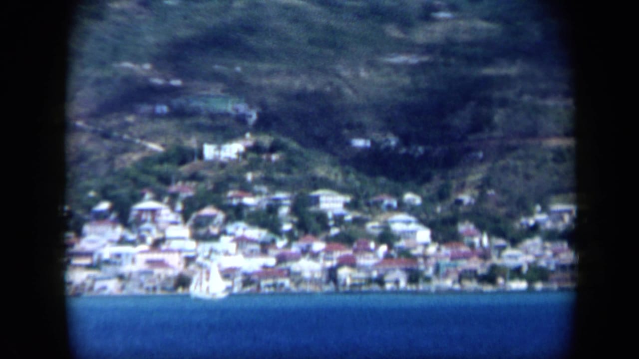 Shoreline town with clustered buildings and a small sailboat near the water.