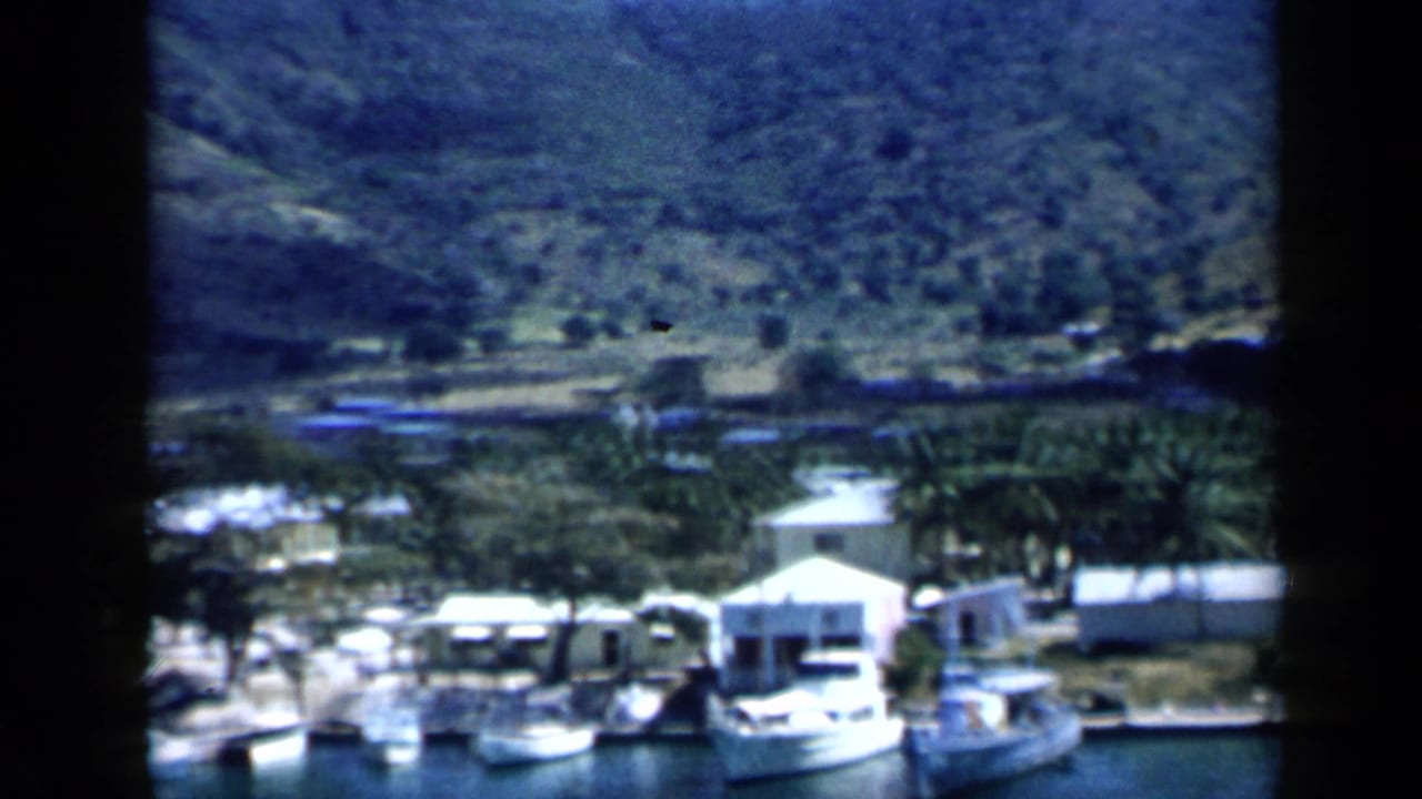 1959 Venezuela 8mm view across a calm inlet toward moored boats, white waterfront buildings, palms, and a forested mountain slope.