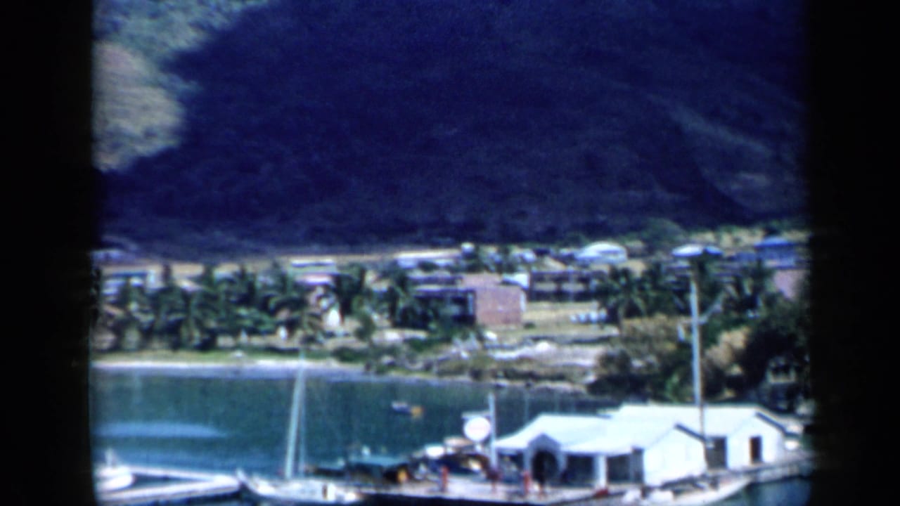 A closer 8mm frame shows a marina edge in Venezuela with white waterside structures, docked boats, palms, a road, and the steep hillside beyond.