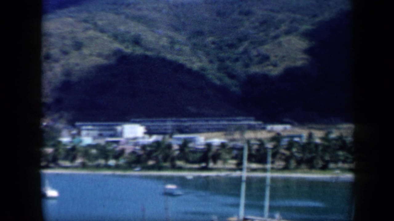 Waterfront buildings and palm trees at the base of steep green hills beside the bay.